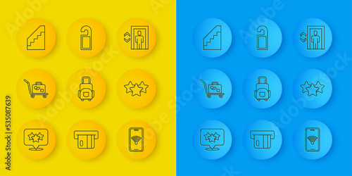 Set line Stars rating, Trolley suitcase, Suitcase, Mobile with wi-fi wireless, Stairs, Lift and Please do not disturb icon. Vector