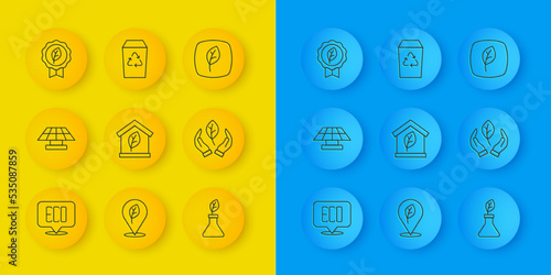 Set line Leaf Eco symbol, Solar energy panel, friendly house, Plant breeding, hand, and Recycle bin icon. Vector