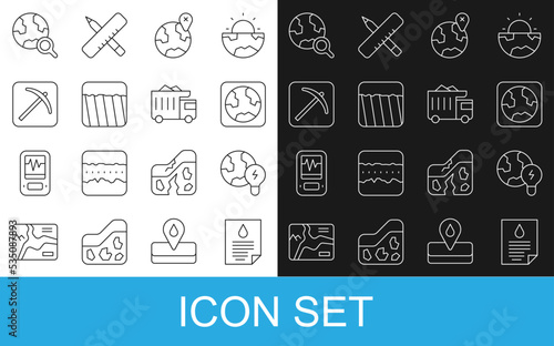 Set line Oil drop document, Global planet with bulb, Earth globe, Location on the, Ground, Pickaxe, Magnifying glass and Mining dump truck icon. Vector