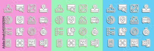 Set line Seismograph, Exhibition with minerals, rocks, Mining dump truck, Compass, Archeology, Earth core structure crust, Volcano and icon. Vector