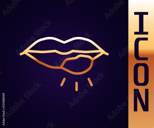 Gold line Herpes lip icon isolated on black background. Herpes simplex virus. Labial infection inflammation symbol. Vector