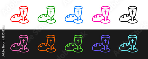 Set line Goblet and bread icon isolated on black and white background. Bread and wine cup. Holy communion sign. Vector