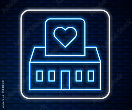 Glowing neon line Volunteer center icon isolated on brick wall background. Vector