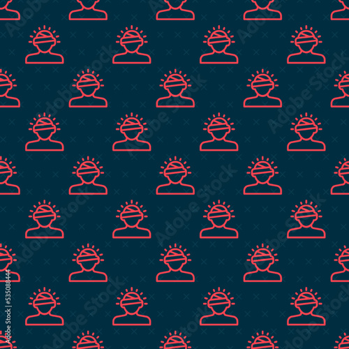 Red line Concussion, headache, dizziness, migraine icon isolated seamless pattern on black background. Vector