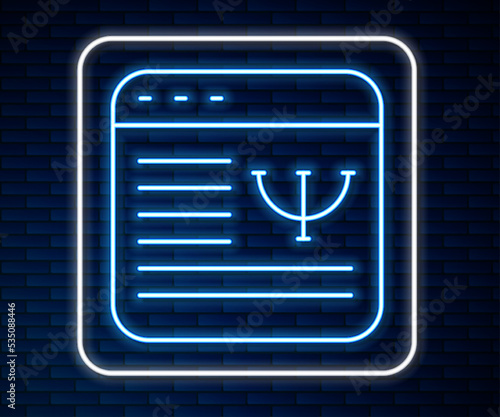 Glowing neon line Online psychological counseling distance icon isolated on brick wall background. Psychotherapy, psychological help, psychiatrist online consulting. Vector
