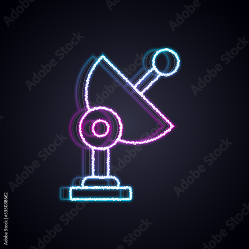 Glowing neon line Radar icon isolated on black background. Search system. Satellite sign. Vector