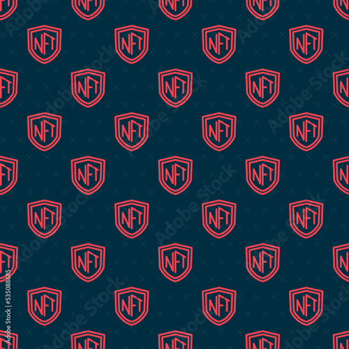Red line NFT shield icon isolated seamless pattern on black background. Non fungible token. Digital crypto art concept. Vector