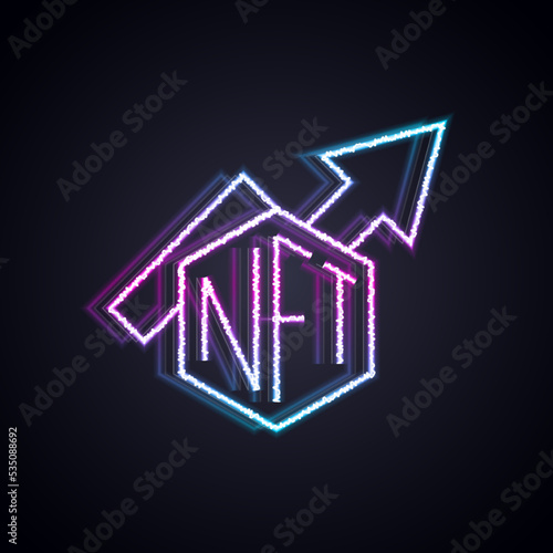 Glowing neon line NFT growth bar chart icon isolated on black background. Non fungible token. Digital crypto art concept. Vector