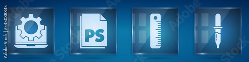 Set Laptop and gear, PS File document, Ruler and Pipette. Square glass panels. Vector