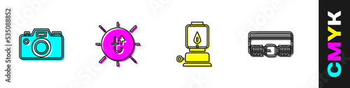 Set Photo camera, Sun, Camping lantern and Hunting cartridge belt icon. Vector
