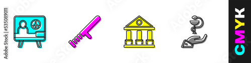 Set Peace, Police rubber baton, Courthouse building and Caduceus snake medical icon. Vector
