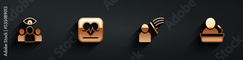 Set Spy, agent, Heart rate, Police beat human and Speaker icon with long shadow. Vector