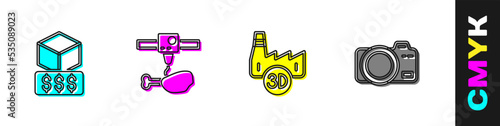 Set 3D printer services, chicken leg, Printing house industry and Photo camera icon. Vector