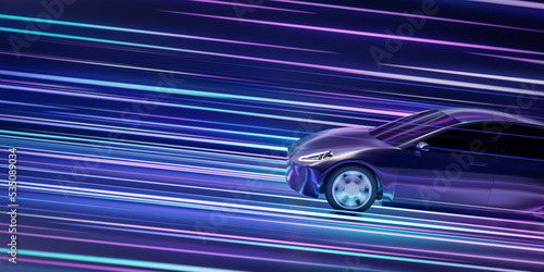 Fototapeta Naklejka Na Ścianę i Meble -  Futuristic generic cyber car racing on highway, Abstract high speed driving timelapse sport sedan light trails motion blur effects at night track 3d rendering, colorful supercar acceleration