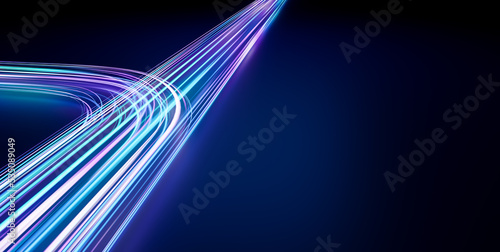 Fototapeta Naklejka Na Ścianę i Meble -  Futuristic vibrant blue purple color speed light, abstract timelapse highspeed car light trail motion effects at night 3d rendering, dynamic neon curve