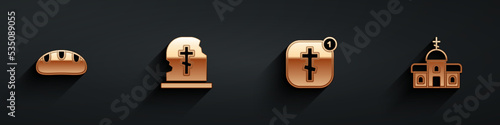 Set Bread loaf, Grave with tombstone, Online church pastor preaching and Church building icon with long shadow. Vector