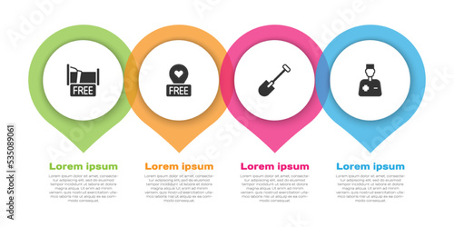 Set Free overnight stay house, Location with heart, Shovel and Male doctor. Business infographic template. Vector