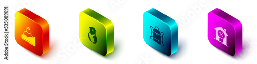Set Isometric Growth of homeless, Shelter for, Hiking backpack and No house icon. Vector