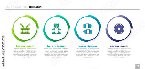Set Drum with drum sticks, Teddy bear plush toy, Battery and Soccer football ball. Business infographic template. Vector