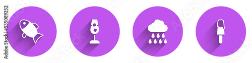 Set Fish, Wine glass, Cloud with rain and Ice cream icon with long shadow. Vector