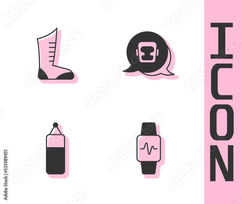 Set Smart watch with heart, Sport boxing shoes, Punching bag and Boxing helmet icon. Vector