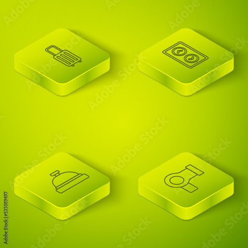 Set Isometric line Lift, Hotel service bell, Hair dryer and Suitcase icon. Vector