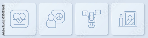 Set line Heart rate, Freedom of speech, Peace talks and Mourning photo frame. White square button. Vector