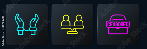 Set line Handcuffs on hands of criminal, Censored stamp and Gender equality. Black square button. Vector