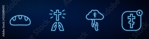 Set line God's helping hand, Bread loaf, Hands praying position and Online church pastor preaching. Glowing neon icon on brick wall. Vector