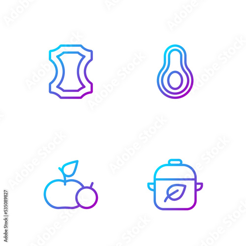 Set line Vegan food diet, Apple, Leather and Avocado fruit. Gradient color icons. Vector