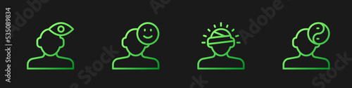 Set line Concussion, headache, Solution problem in psychology, Good mood and Yin Yang symbol. Gradient color icons. Vector