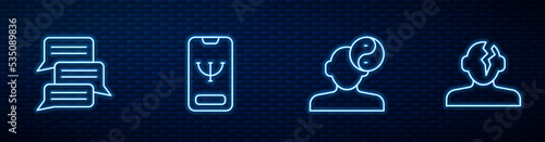 Set line Yin Yang symbol, Online psychological counseling, and Solution problem psychology. Glowing neon icon on brick wall. Vector
