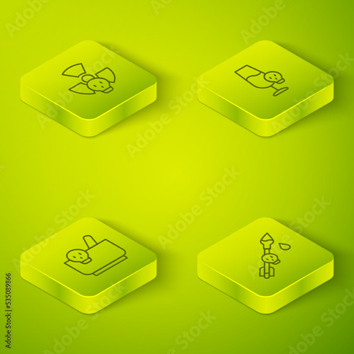 Set Isometric line Poisoned alcohol, Mortar and pestle, the arrow and Radioactive icon. Vector
