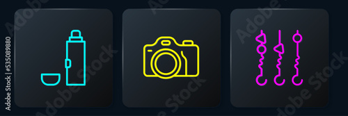 Set line Thermos container, Grilled shish kebab skewer and Photo camera. Black square button. Vector