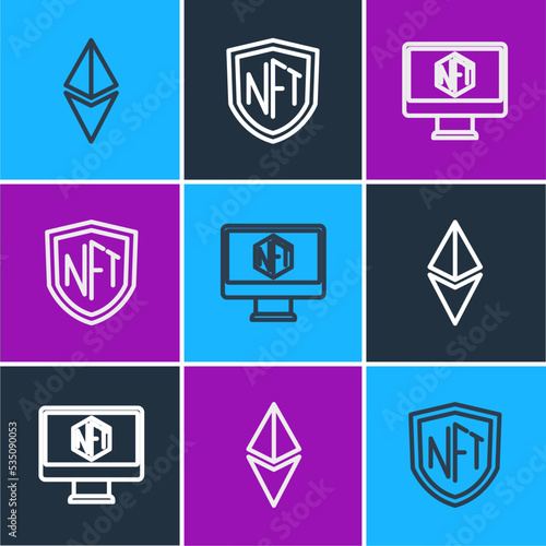 Set line Ethereum ETH, Monitor with art store app and NFT shield icon. Vector