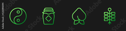 Set line Peach fruit or nectarine, Yin Yang symbol, Jar of honey and Firework. Gradient color icons. Vector
