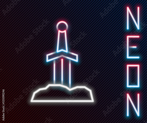 Glowing neon line Sword in the stone icon isolated on black background. Excalibur the sword in the stone from the Arthurian legends. Colorful outline concept. Vector