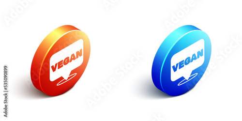Isometric Vegan food diet icon isolated Isometric background. Organic, bio, eco symbol. Vegan, no meat, lactose free, healthy, fresh and nonviolent food. Orange and blue circle button. Vector