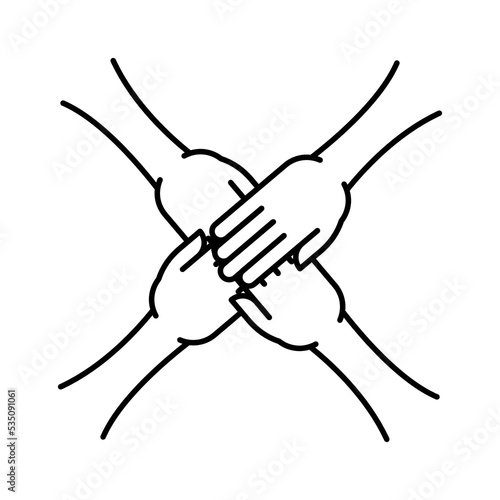 Four hands on top of each other icon. People connected by hands together sign. Vector illustration. Sports team, charity or volunteer group symbol.
