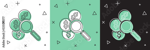 Set Search for money icon isolated on white and green, black background. Vector