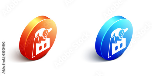 Isometric Smoke from factory icon isolated on white background. Environmental pollution problem, smoke pipes of factory, ecology industrial harm. Orange and blue circle button. Vector