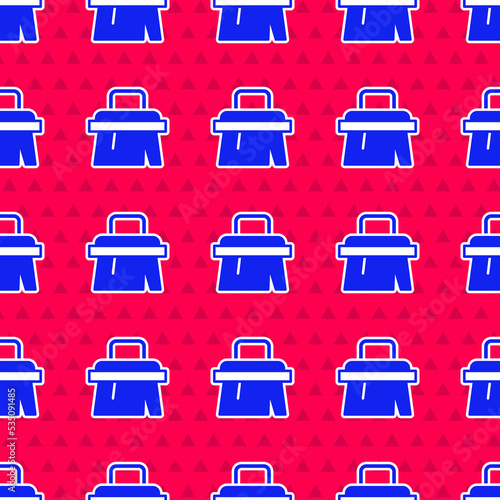 Blue Sauna brush icon isolated seamless pattern on red background. Wooden brush with coarse bristles for washing in the bath. Anti cellulite massage. Vector