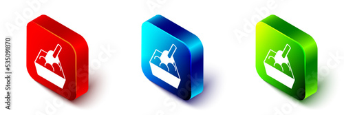 Isometric Cat litter tray with shovel icon isolated on white background. Sandbox cat with shovel. Red, blue and green square button. Vector