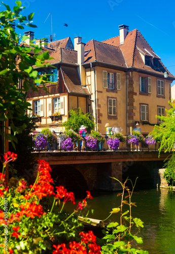 Spectacular colorful traditional french houses on side of river Lauch in Petite Venise, Colmar, France