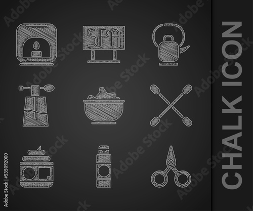 Set Sea salt in a bowl, Cream or lotion cosmetic tube, Scissors, Cotton swab for ears, Perfume, Kettle with handle and Aroma lamp icon. Vector