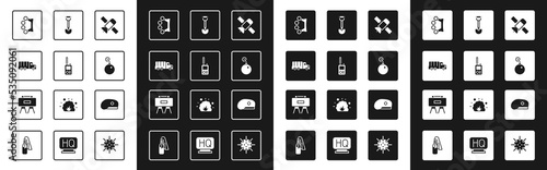 Set Satellite, Walkie talkie, Military truck, Brass knuckles, Bomb ready to explode, Sapper shovel, beret and mine icon. Vector