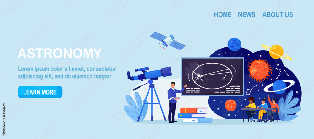 Astronomy, astronomical observation. Pupils at astronomy class in planetarium. Children learning planets, universes. Students studying galaxy through telescope, watching meteors constellation of stars Astronomy, astronomical observation. Pupils at astronomy class in planetarium. Children learning planets, universes. Students studying galaxy through telescope, watching meteors constellation of stars