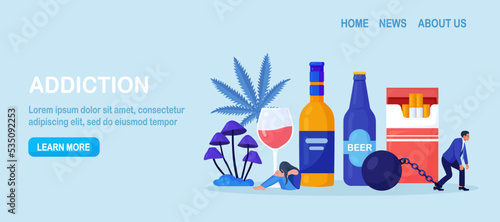 Addiction. Life-threatening condition. Sad people in depression, stress  addicted to alcohol, drugs, nicotine substances. Addict man chained to addiction. Strong hangover. Alcoholism and narcology