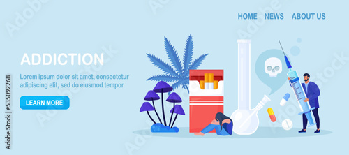 Addiction. Life-threatening condition. Sad people in depression, stress  addicted to drugs, narcotic and psychotropic substances, tobacco. Addict woman with strong hangover. Alcoholism and narcology