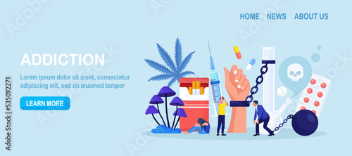 Addiction. Life-threatening condition. Sad people in depression, stress  addicted to drugs, nicotine substances, alcohol. Addict man chained to bong. Strong hangover. Alcoholism and narcology